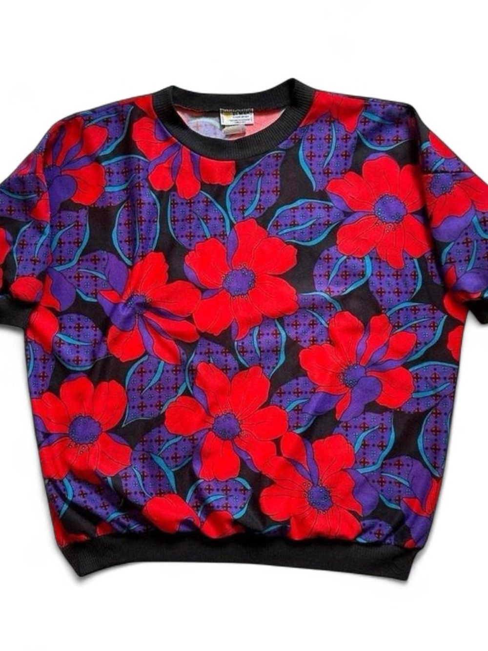 Vintage 1990s Bold Red & Purple Floral Flower Sweater shirt XL